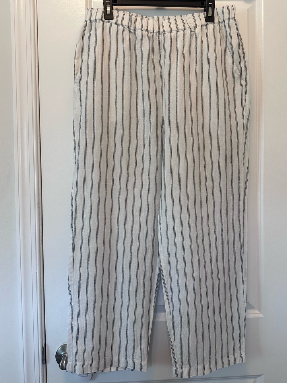 Quince 100% European Linen Pants Oatmeal Black Stripe Quiet Luxury Size Large